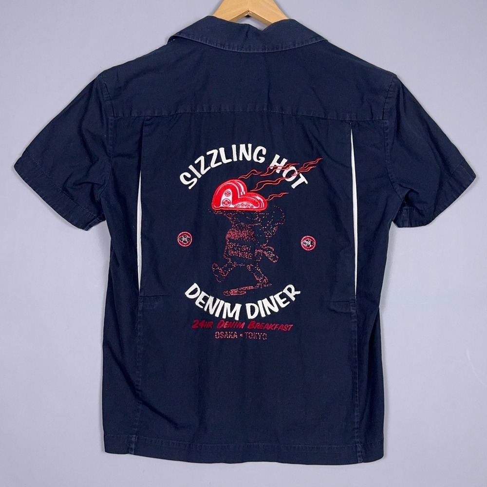 Evisu Sizzling Hot Denim Diner Shirt Mens Medium Embroidered Navy Streetwear